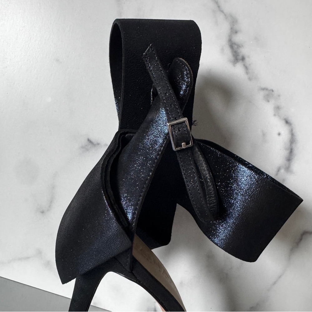 Amina’s Abdul Jillil Navy Blue Metallic Glitter Bow Sandals Heels Size US 11 - Picture 7 of 13